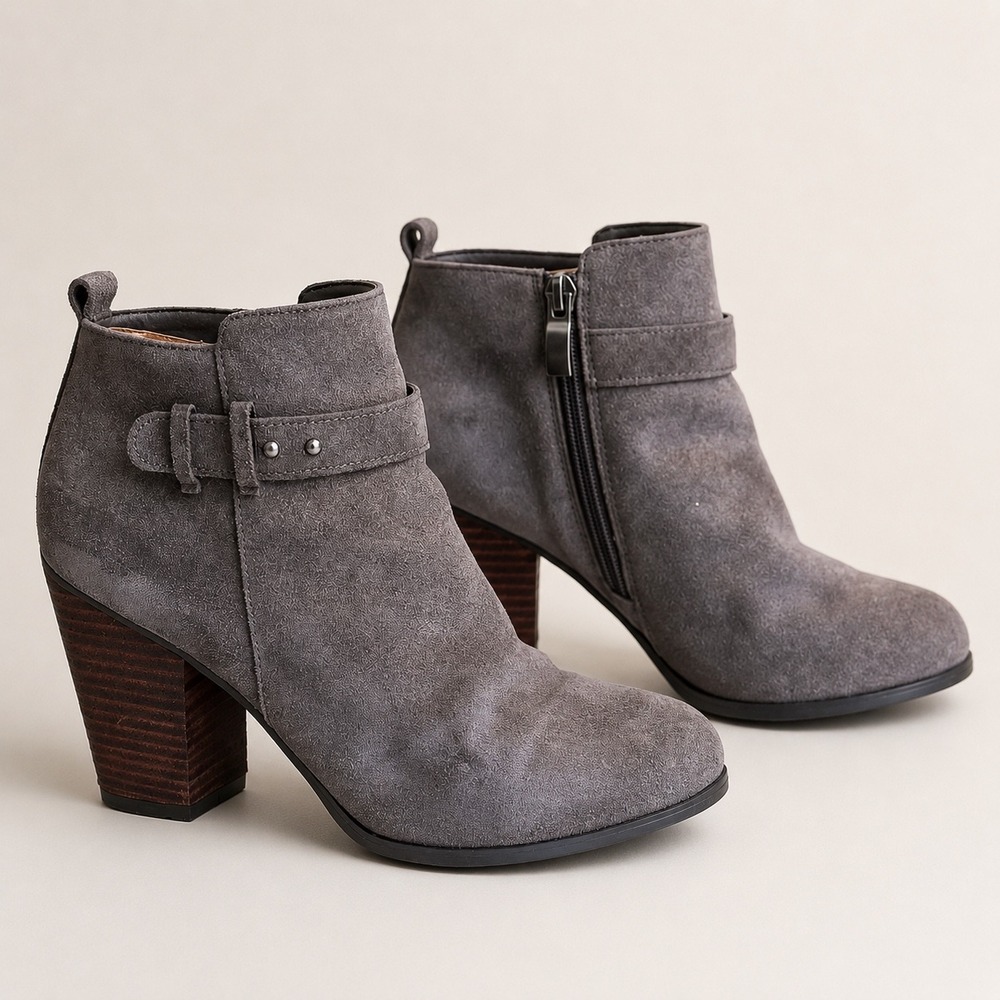 Franco Fortini Lexi Women's Gray Suede Leather Ankle Boots Size 6.5 Block Heel